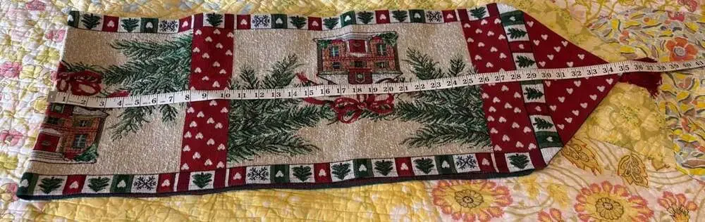 EUC Christmas Tapestry Table Runner Size 74x13 Red Green House Pine Trees Tassel